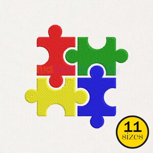 May include: A colourful puzzle piece design with four interlocking pieces in red, green, yellow, and blue. The image includes a yellow circle with the text "11 sizes". The design is on a white background.