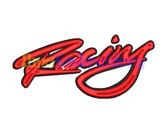 May include: Embroidered red "Racing" script logo with a black outline. The word is in a cursive font, with a slight shadow effect. The design is on a white background.