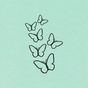 May include: A collection of six black butterfly outlines arranged on a light teal background. The butterflies vary in size and are positioned in a vertical, slightly diagonal pattern, creating a sense of movement.