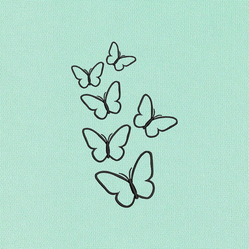 May include: A collection of six black butterfly outlines arranged on a light teal background. The butterflies vary in size and are positioned in a vertical, slightly diagonal pattern, creating a sense of movement.