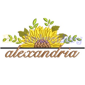 May include: A brown cursive font spelling "alexandria" with a yellow sunflower and green leaves above it.