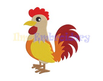 May include: A cartoon rooster with a red comb and wattle, yellow body, and orange and red tail feathers.
