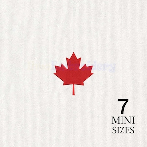 May include: A red embroidered maple leaf patch centered on a white textured background. The text 7 MINI SIZES is printed in black in the bottom right corner. The design features a classic eleven-point maple leaf shape with a vertical stem.
