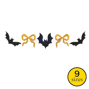 May include: A Halloween-themed design featuring embroidered bats and bows in black and gold. The design includes three black bats, two gold bows, and a dark blue bat. A yellow circle with the text "9 sizes" is in the bottom right corner.