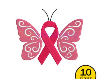 Cancer Butterfly Ribbon Embroidery Design: Breast Cancer Awareness (10 Sizes) (Digital File)