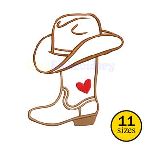 May include: A brown cowboy hat and boot design with a red heart on the boot. The image is a line drawing with a white background. The text "11 sizes" is in a yellow circle.