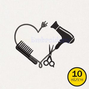 Puede incluir: Ilustración en blanco y negro de una forma de corazón formada por un secador de pelo, un peine, unas tijeras y un enchufe. Un círculo amarillo con el texto "10 tamaños" está en la esquina inferior derecha. La imagen está sobre un fondo blanco.