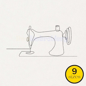 Può includere: Un disegno a linea minimalista di una macchina da cucire nera su sfondo bianco. L'immagine include un cerchio giallo con il testo "9 dimensioni". La macchina da cucire è raffigurata con una linea continua, che ne evidenzia le caratteristiche principali.