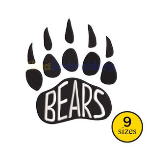 May include: Black bear paw print design with the word "BEARS" in white. The paw print is on a white background. A yellow circle with the text "9 sizes" is in the lower right corner.