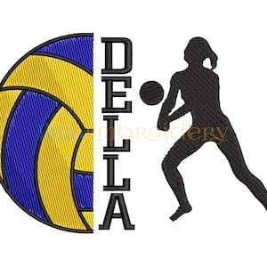 Peut inclure: Une silhouette noire d'une joueuse de volley-ball avec un ballon de volley-ball dans la main, à côté d'un ballon de volley-ball jaune et bleu avec le mot "DELLA" en lettres noires.