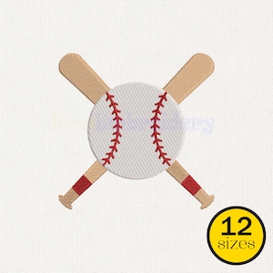Könnte beinhalten: Gestickter Baseball mit roten Nähten und gekreuzten Holzschlägern. Der Baseball ist weiß mit roten Nähten. Die Schläger sind hellbraun mit roten Akzenten. Ein gelber Kreis mit dem Text "12 Größen" befindet sich unten rechts.