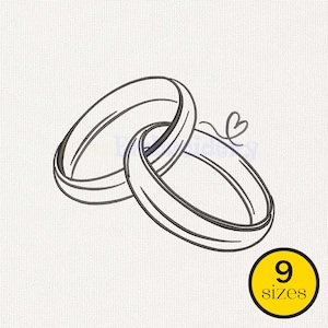 Könnte beinhalten: Strichzeichnung von zwei ineinandergreifenden Eheringen mit einem kleinen Herzdetail. Ein gelber Kreis mit dem Text "9 Größen" befindet sich in der unteren rechten Ecke. Die Ringe sind dunkelgrau.