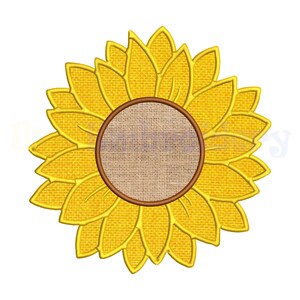 May include: A detailed embroidery design of a sunflower. The flower has bright yellow petals with a textured appearance, surrounding a brown center. The center has a tan, woven texture. The design is on a white background.