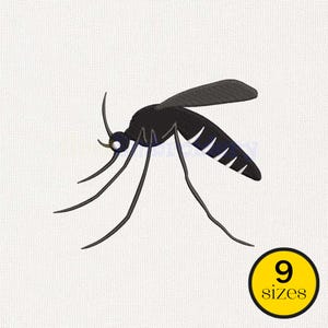 May include: An embroidery design of a mosquito featuring a black body with white striped markings on the abdomen, thin black legs, and a single visible wing. A yellow circular badge in the bottom right corner displays the text 9 sizes.