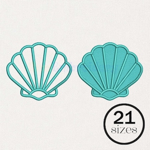 May include: Two teal seashell embroidery designs on a white background. The left design is an outline, while the right design is filled with satin stitching. A black circular badge in the bottom right corner displays the text 21 sizes.