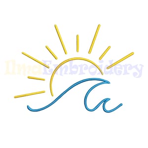 Puede incluir: Diseño de bordado de un sol amarillo con rayos y una ola azul. El sol es un semicírculo con líneas radiantes, y la ola es una línea curva con un rizo. El diseño es adecuado para bordados.
