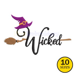 May include: A Halloween-themed design featuring a purple witch hat with a gold buckle, a brown broom, and the word "Wicked" in black script. A yellow circle with the text "10 sizes" is in the lower right corner.