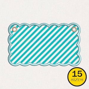 May include: A turquoise and white striped rectangular design with a scalloped edge and two eyelets. The design is set against a white background. A yellow circle with the number "15" and the word "sizes" is in the lower right corner.