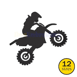May include: Black silhouette of a motocross rider on a motorcycle, performing a wheelie. The image includes a yellow circle with the text "12 sizes". The motorcycle has large, spoked wheels.