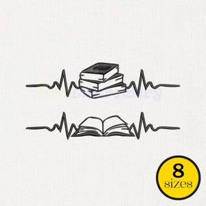 May include: An embroidery design featuring two black line art illustrations of books integrated into a heartbeat pulse line. The top design shows a stack of three books, while the bottom design shows an open book. A yellow circle with the text 8 sizes.