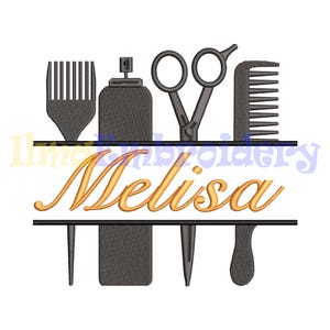 Hairdresser Monogram Split Text Frame Embroidery Design - Customizable name Design embroidery, Embroidery Hairdresser Design, 4 Sizes