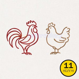 Può includere: Due illustrazioni a tratto di un gallo e di una gallina. Il gallo è rosso, con una grande coda e una cresta prominente. La gallina è marrone. Un cerchio giallo con il testo "11 taglie" è nell'angolo in basso a destra.