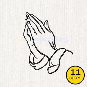 May include: Black outline of praying hands, a symbol of faith and spirituality. The hands are clasped together, with fingers interlaced. A yellow circle with the text "11 sizes" is in the lower right corner. The design is on a textured white background.