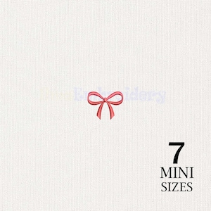 May include: A small pink embroidered bow design centered on a white textured background. Below the bow, the text reads 7 MINI SIZES in black capital letters. The design features a simple ribbon shape with two loops and two hanging ends.