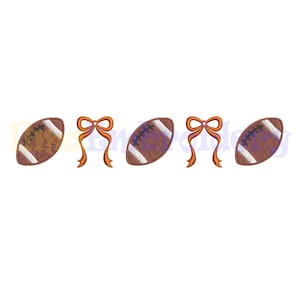 May include: An embroidered design featuring three brown American footballs with white stripes and stitching, alternating with orange ribbon bows. The design is set against a white background, ideal for sports-themed crafts.