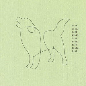 May include: A black line drawing of a dog on a light green background. The dog is depicted in a simple, continuous line style. To the right are size measurements in inches: 3x2.8, 3.5x3.3, 4x3.8, 4.5x4.3, 5x4.8, 5.5x5.2, 6x5.7, 6.5x6.2, and 7x6.7.