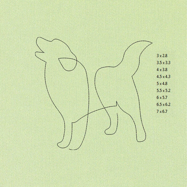 May include: A black line drawing of a dog on a light green background. The dog is depicted in a simple, continuous line style. To the right are size measurements in inches: 3x2.8, 3.5x3.3, 4x3.8, 4.5x4.3, 5x4.8, 5.5x5.2, 6x5.7, 6.5x6.2, and 7x6.7.