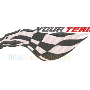 Könnte beinhalten: Schwarz-weiß karierte Rennflagge mit einem stilisierten grauen und weißen Adler-Design. Der Text "YOUR TEAM" ist in Rot über der Flagge.