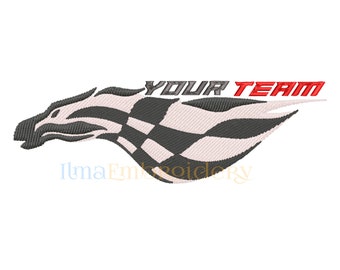 May include: Black and white checkered racing flag with a stylized grey and white eagle design. The text "YOUR TEAM" is in red above the flag.