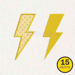 May include: Two yellow lightning bolt designs. One bolt has a light tan interior with black polka dots and a gold outline. The other bolt is solid yellow with a gold outline. A yellow circle with the text "15 sizes" is in the lower right corner.