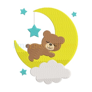 May include: A brown teddy bear sleeping on a yellow crescent moon with a white cloud underneath. There are three blue stars around the moon.