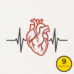 Peut inclure: Illustration d'un cœur anatomique rouge avec une ligne de battement de cœur noire. Un cercle jaune avec le texte "9 tailles" est dans le coin inférieur droit. Le design est sur fond blanc.