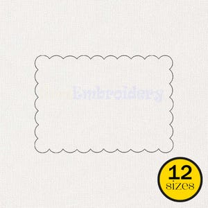 May include: A rectangular embroidery design with a scalloped edge, featuring the word "Embroidery" in the center. A yellow circle with the number "12" and the word "sizes" is in the lower right corner. The background is a textured off-white.