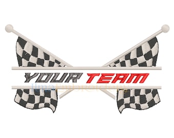 May include: Two black and white checkered flags crossed behind a white banner with the text "YOUR TEAM" in red and gray letters.
