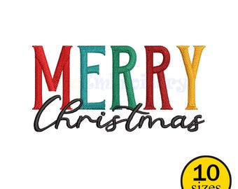 May include: Colorful embroidered text on a white background reads "MERRY Christmas". The word "MERRY" is in red, teal, green, red, and yellow. The word "Christmas" is in black script. A yellow circle with the text "10 sizes" is in the lower right corner.