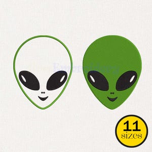 May include: Two embroidered alien head designs. One is a green outline with a white interior, the other is a solid green. Both have black oval eyes and a small smile. A yellow circle with the text "11 sizes" is in the lower right.