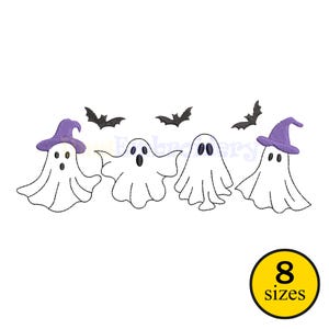 May include: A Halloween-themed design featuring four white ghost figures with black eyes and mouths. Two ghosts wear purple witch hats. Black bat silhouettes are above the ghosts. A yellow circle with the text "8 sizes" is in the bottom right corner.