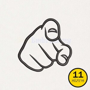 May include: A black embroidered outline of a hand pointing forward with the index finger extended. The design features bold lines and a simple graphic style. In the bottom right corner, a yellow circle contains the black text 11 sizes.