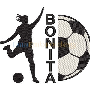 Pode incluir: Silhueta preta e branca de uma jogadora de futebol chutando uma bola com a palavra "BONITA" escrita verticalmente ao lado de um semicírculo de uma bola de futebol.