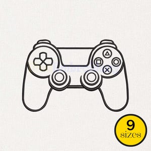 May include: Black outline of a games console controller featuring a directional pad, buttons, and analogue sticks. A yellow circle with the text "9 sizes" is in the lower right corner. The controller design is on a white background.