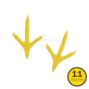 May include: Two yellow chicken footprint designs. The footprints are facing opposite directions. A yellow circle with the text "11 sizes" is in the lower right corner.