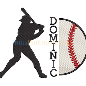 May include: Black silhouette of a baseball player swinging a bat with the name DOMINIC written vertically next to a half circle of a baseball with red stitching.