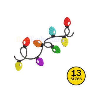 May include: A string of colorful Christmas lights in red, orange, purple, green, yellow, and teal. The lights are connected by a black wire. A yellow circle with the text "13 sizes" is in the lower right corner.