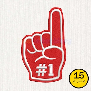 May include: A red foam finger with a white outline, displaying the number "#1". The design includes a white outline and the text "#1" in white. A yellow circle with the text "15 sizes" is in the lower right corner.