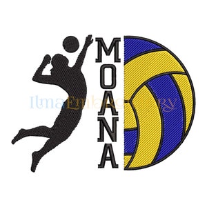 May include: A black silhouette of a volleyball player spiking a ball with the word "MOANA" spelled vertically next to a blue and yellow volleyball.