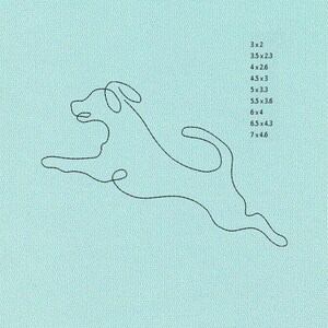 May include: A minimalist line drawing of a dog in mid-leap, rendered in black against a light blue background. The image includes a list of dimensions: 3x2, 3.5x2.3, 4x2.6, 4.5x3, 5x3.3, 5.5x3.6, 6x4, 6.5x4.3, and 7x4.6 inches.